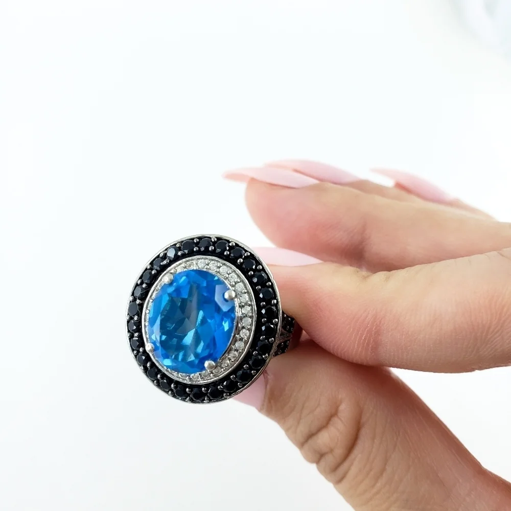 Swiss Blue Topaz Statement Ring black spinel sterling silver ring size 10
